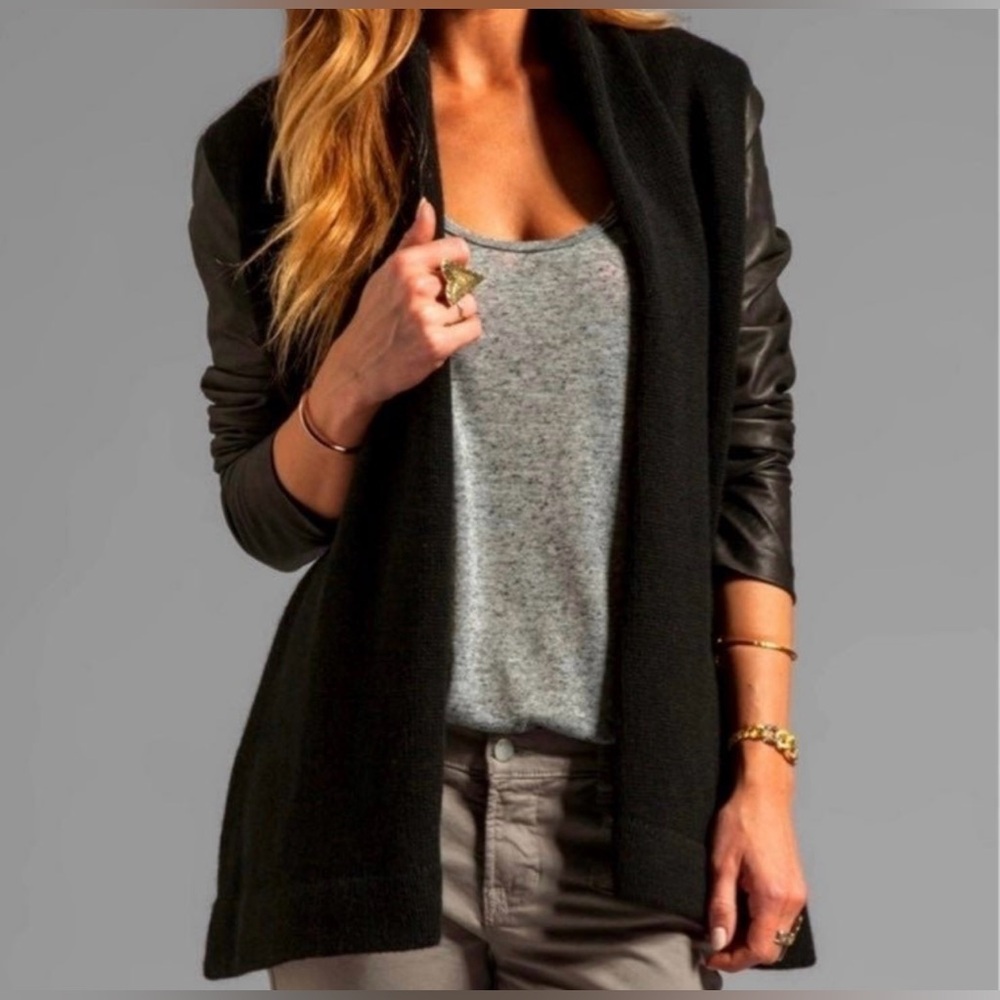 Vince Black and Gray Sweater with Leather Sleeves